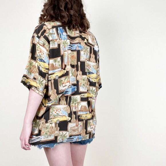 Vintage Novelty Hawaii Car Print Button Down Blouse Oversized Top Hawaiian Shirt - Picture 3 of 9